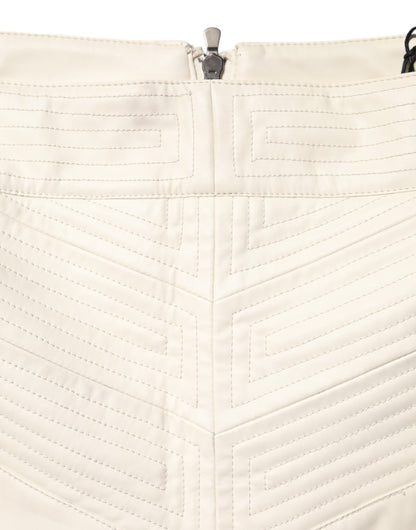 Beige Faux Leather Quilted Mini High Waist Women  Skirt