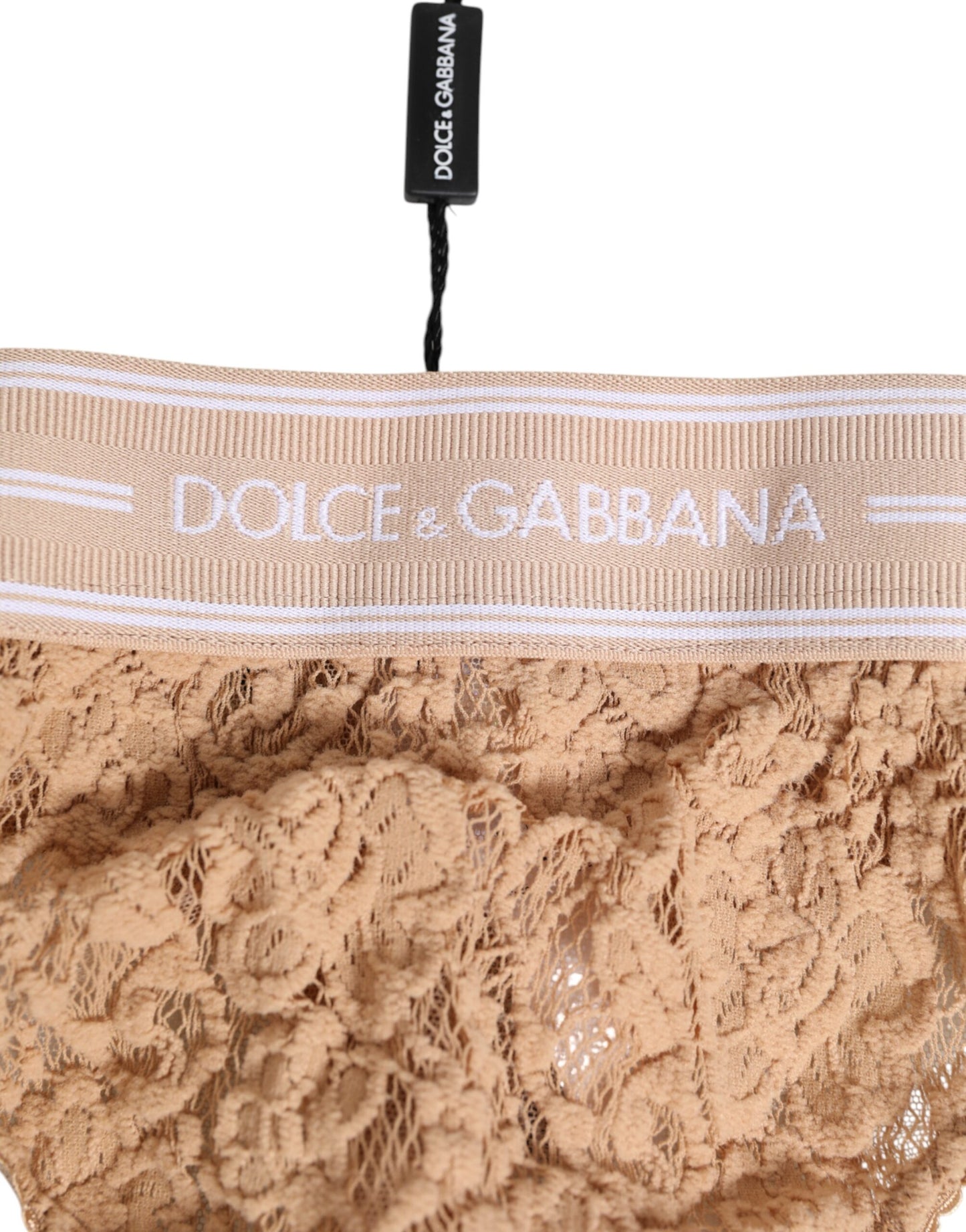 Beige Lace Logo Elastic Waist Thong Tanga Underwear