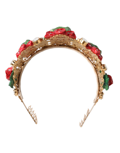 Red Floral Flowerpot Crystal Gold Crown Tiara Headband