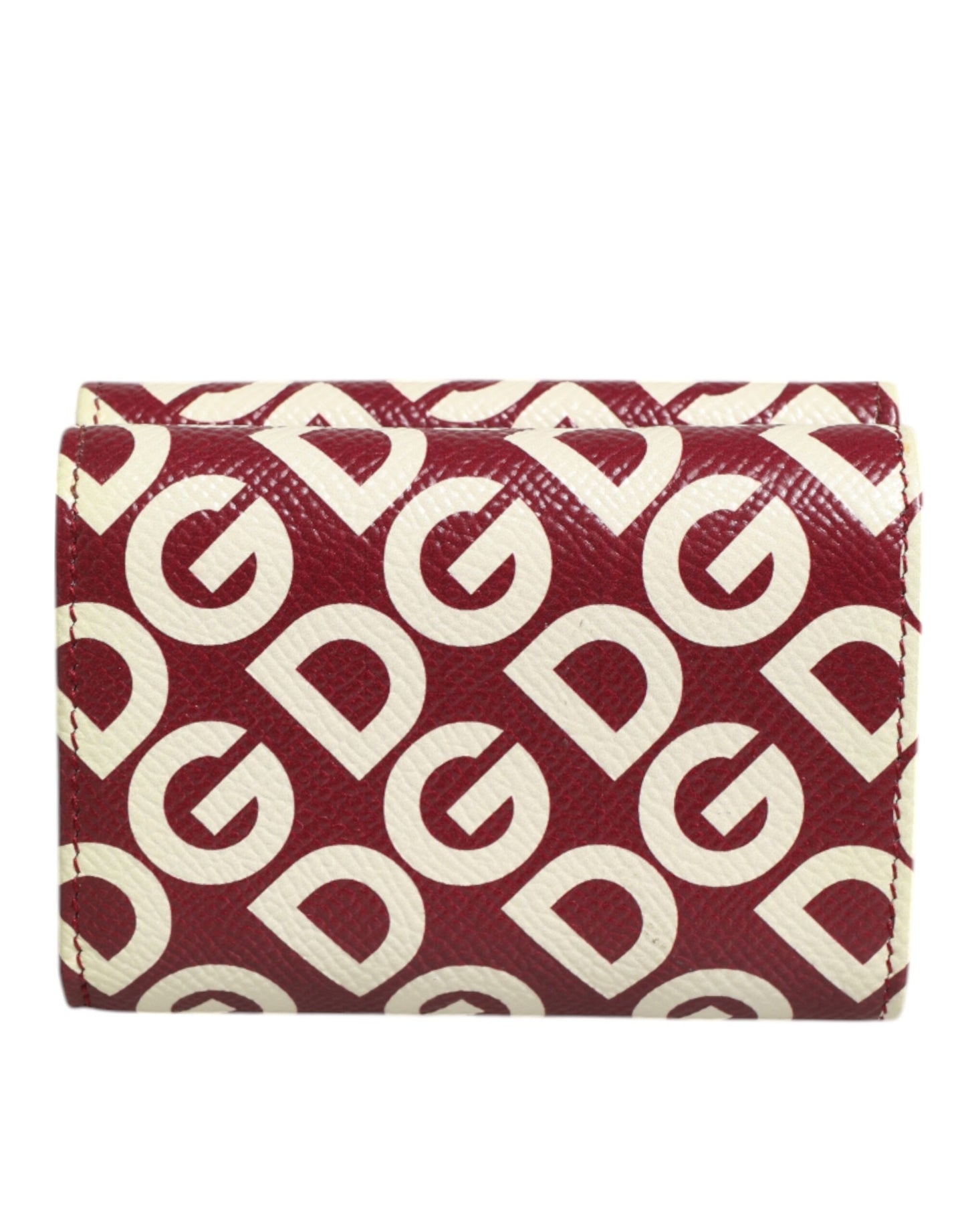 Burgundy Logo Print Calf Leather French Flap Card Holder Wallet