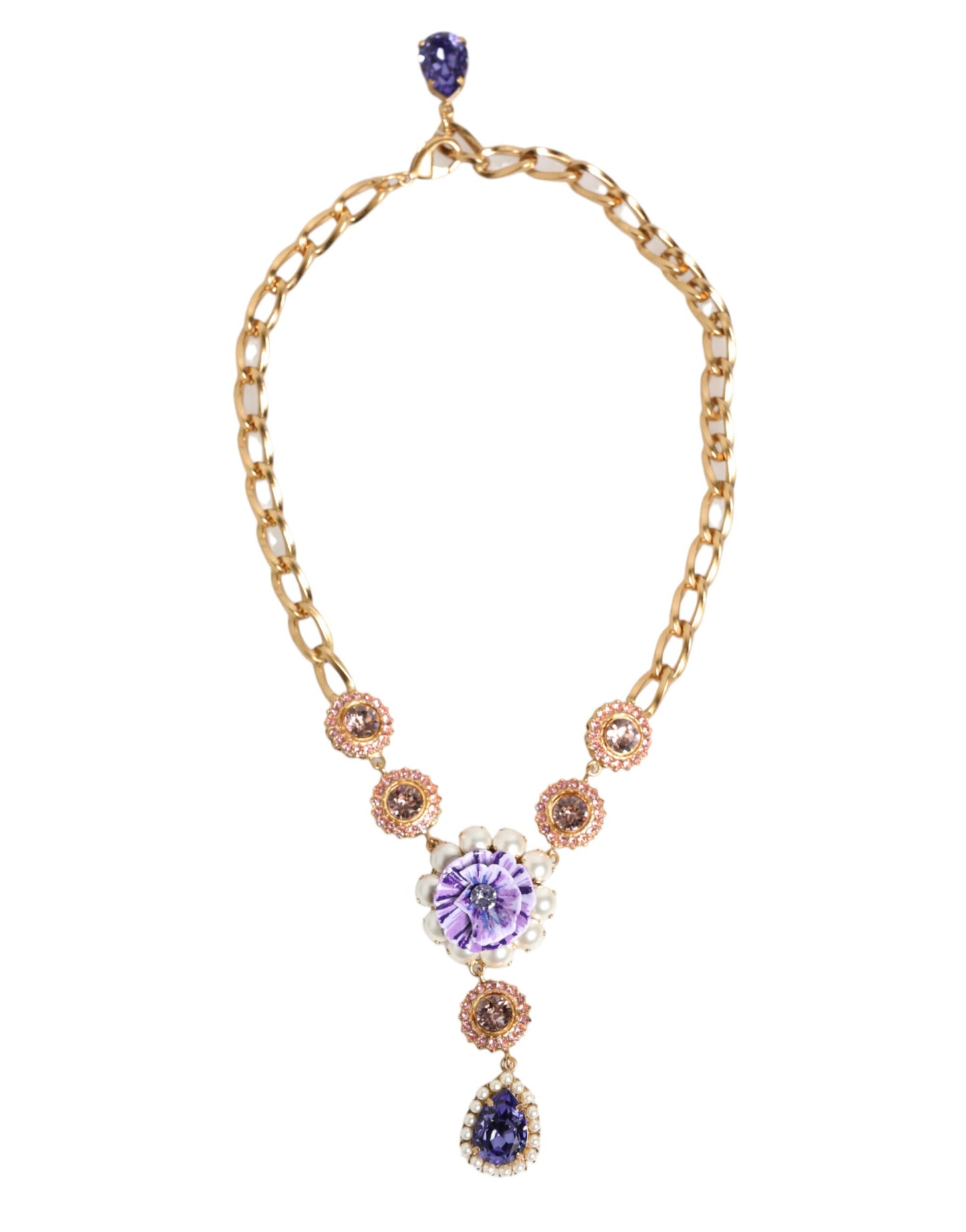 Gold Brass Crystal Pearl Purple Floral Pendant Jewelry Necklace