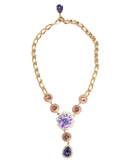 Gold Brass Crystal Pearl Purple Floral Pendant Jewelry Necklace