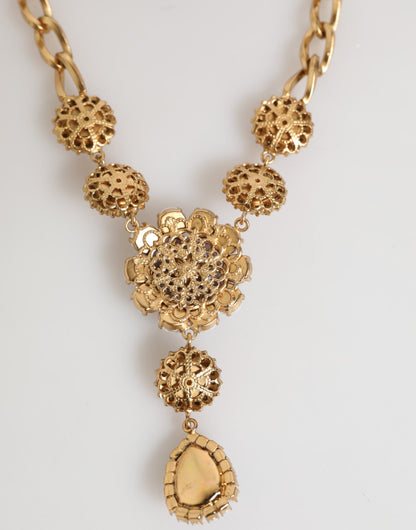 Gold Brass Crystal Pearl Purple Floral Pendant Jewelry Necklace