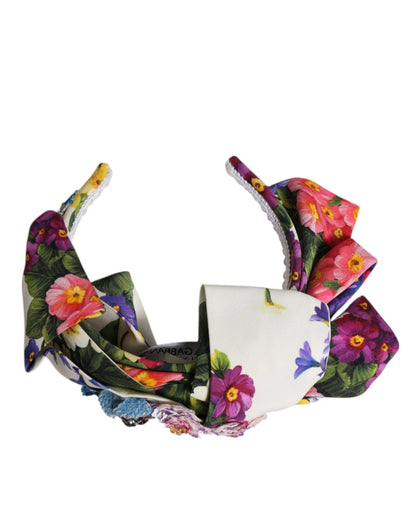 White Multicolor Floral Silk Bow Crystal Embellished Headband