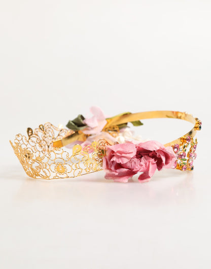 Gold Floral Tiara Pink Roses Crystal Crown Headband