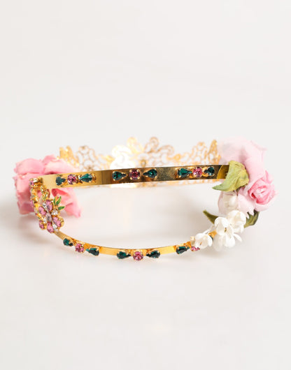 Gold Floral Tiara Pink Roses Crystal Crown Headband