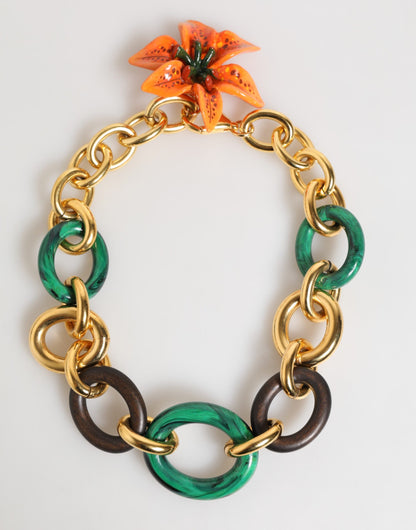 Multicolor Gold Brass Tiger Lily Floral Chai Necklace
