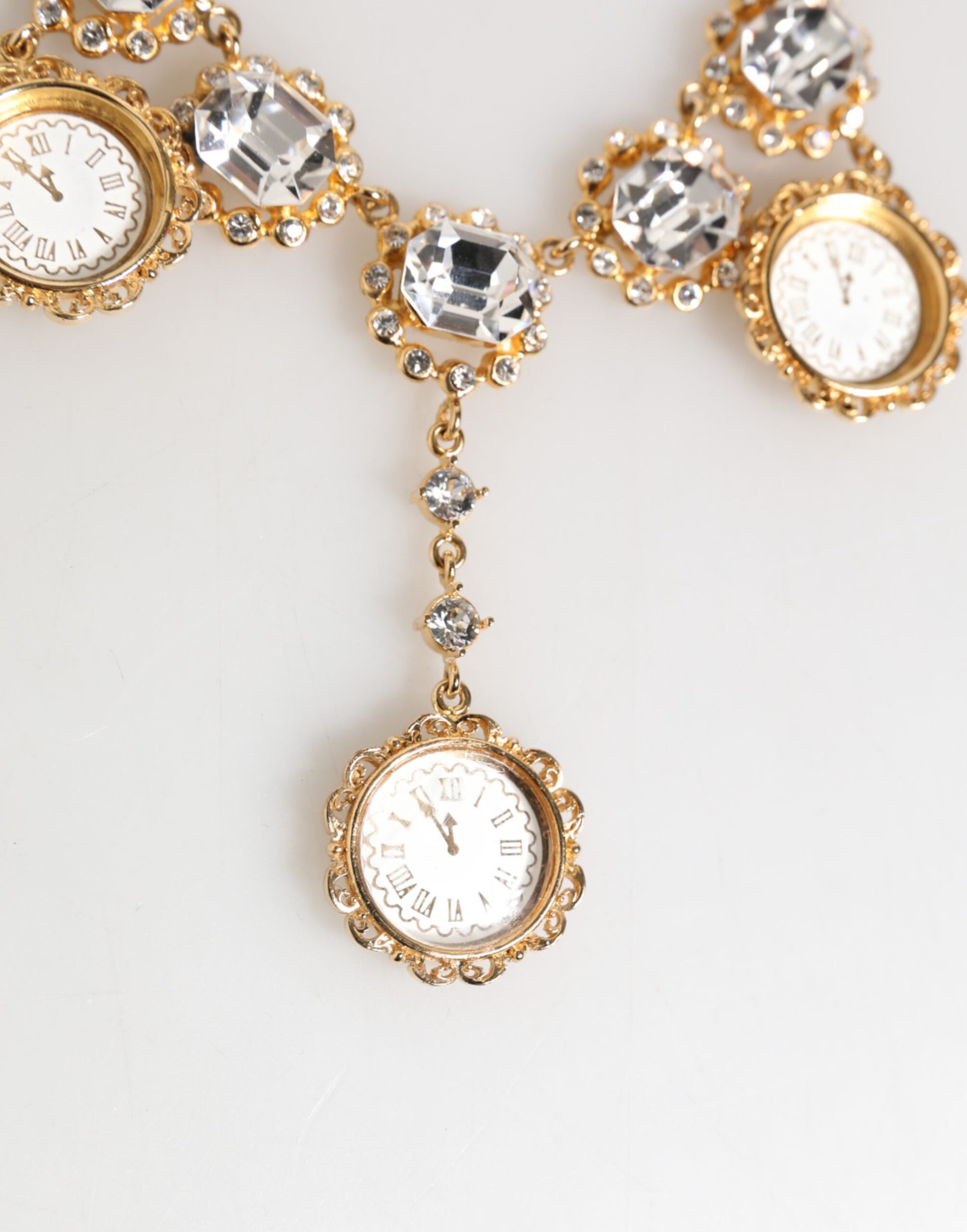 Gold Crystal Clock Face Pendant Statement Jewelry Necklace