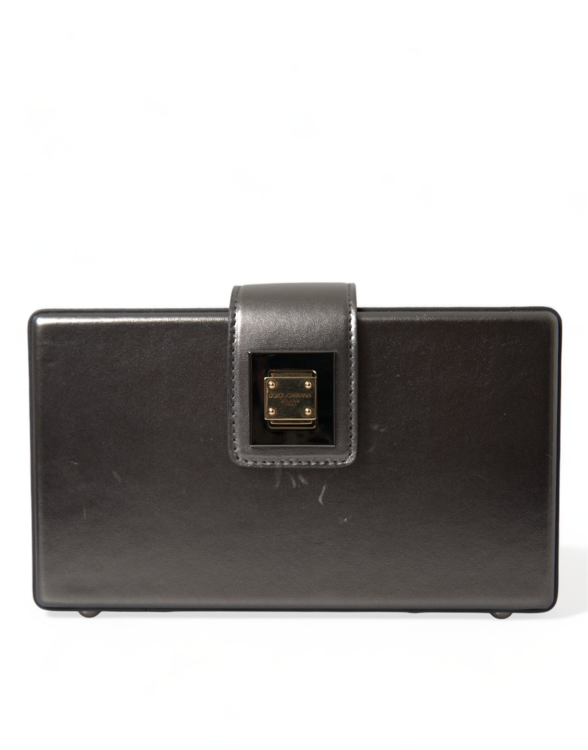 Steel Gray Leather Box Shape Shoulder Gold DG Logo Plaque Bag