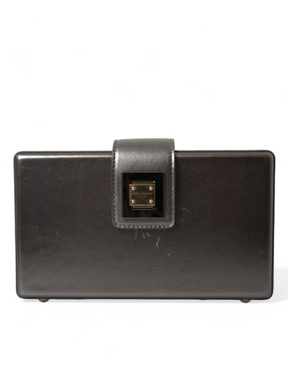 Steel Gray Leather Box Shape Shoulder Gold DG Logo Plaque Bag
