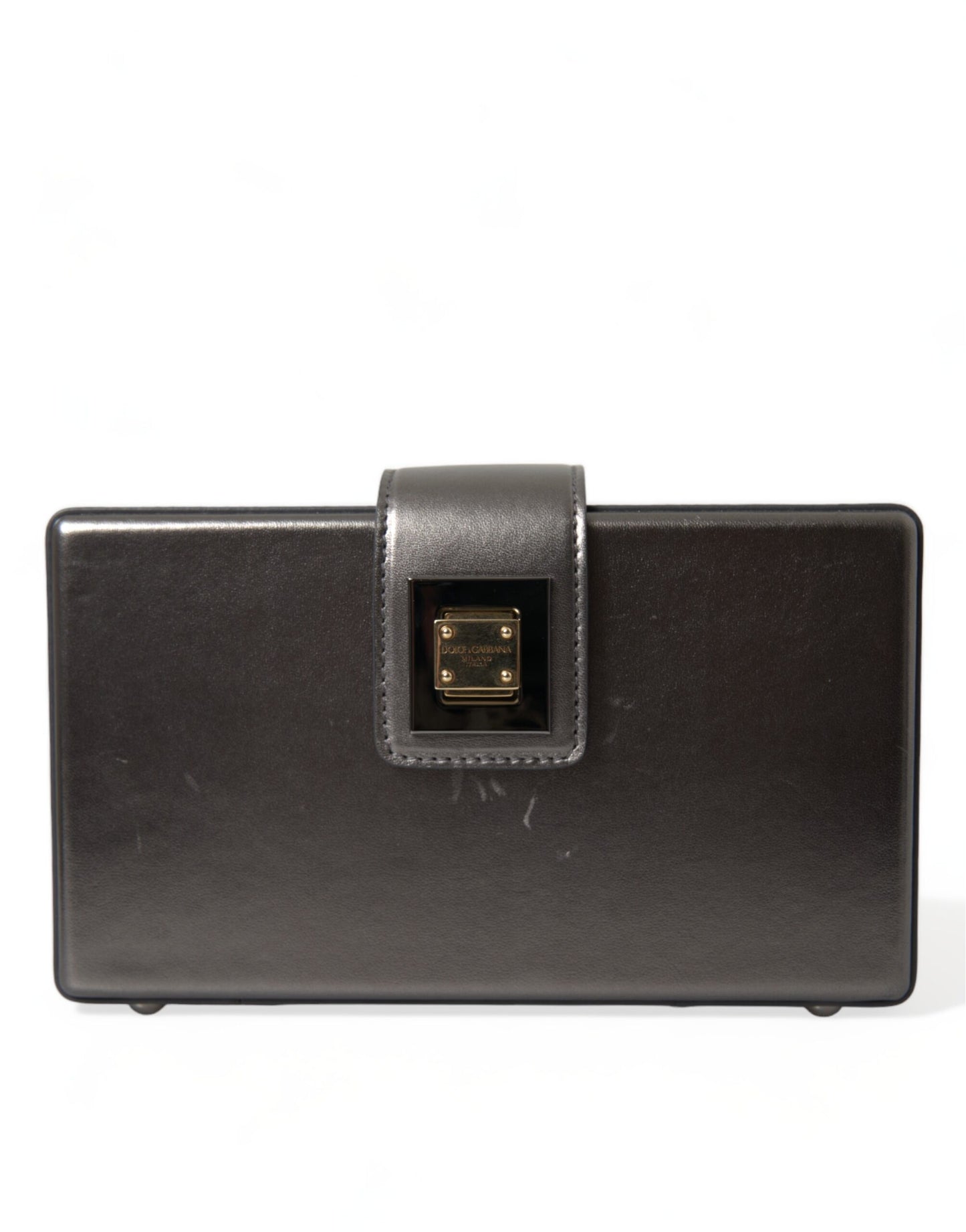 Steel Gray Leather Box Shape Shoulder Gold DG Logo Plaque Bag
