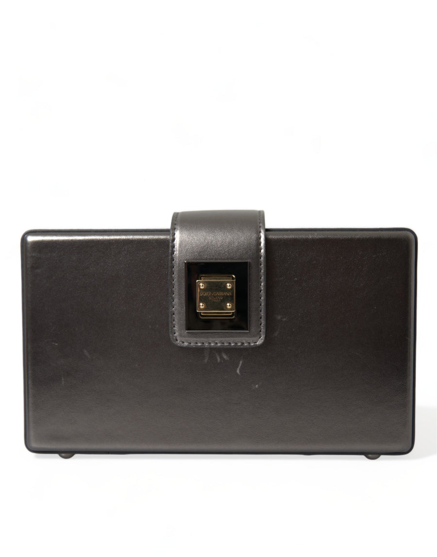 Steel Gray Leather Box Shape Shoulder Gold DG Logo Plaque Bag