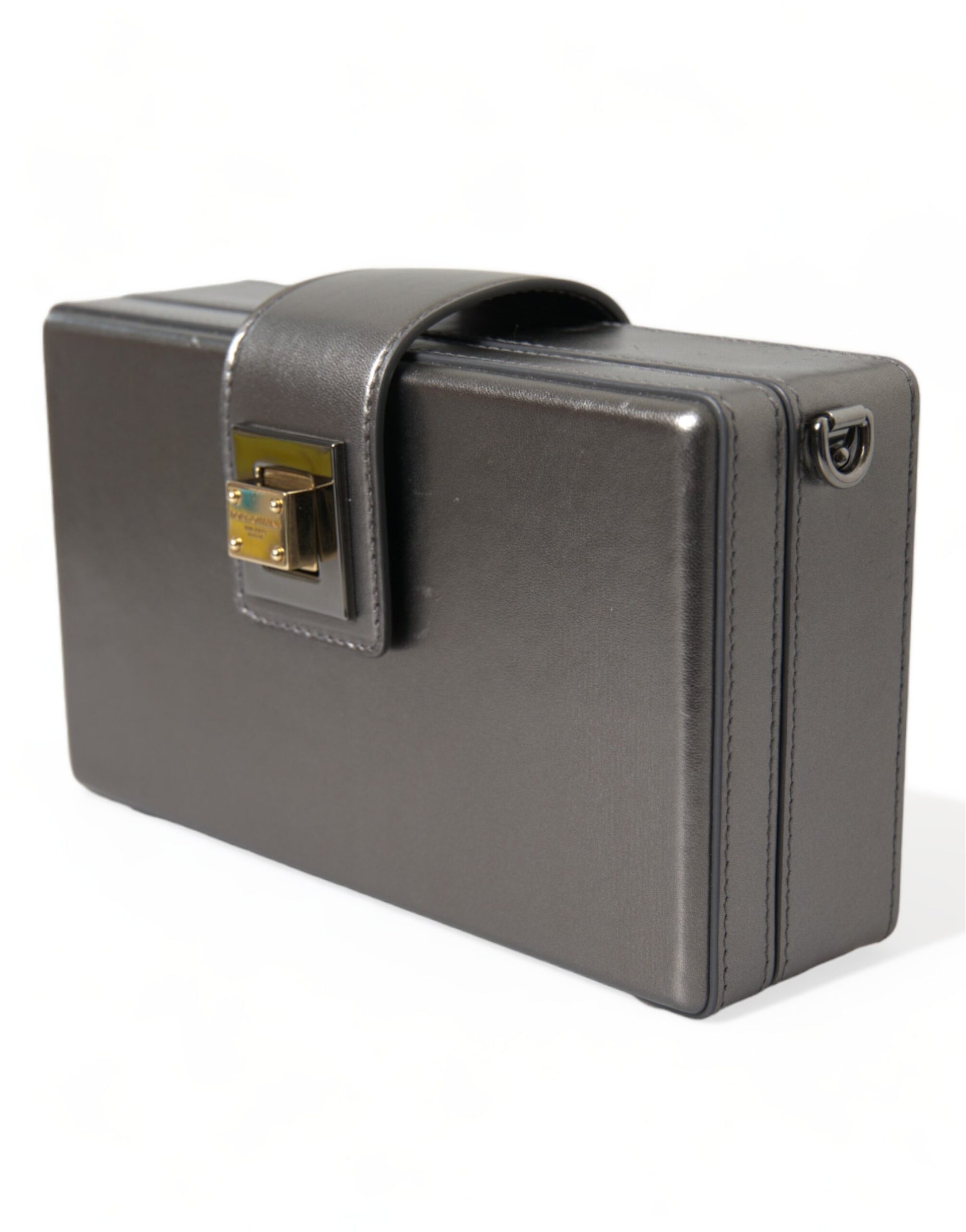 Steel Gray Leather Box Shape Shoulder Gold DG Logo Plaque Bag