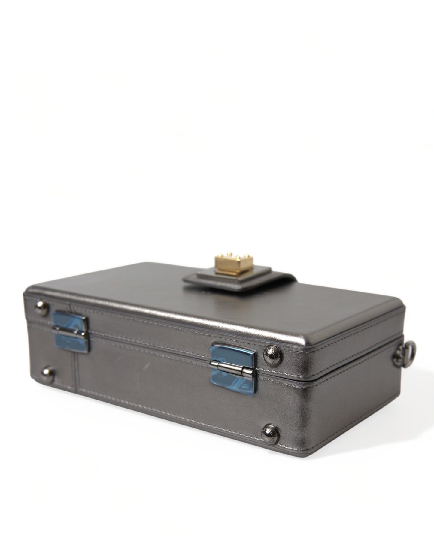 Steel Gray Leather Box Shape Shoulder Gold DG Logo Plaque Bag