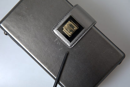 Steel Gray Leather Box Shape Shoulder Gold DG Logo Plaque Bag