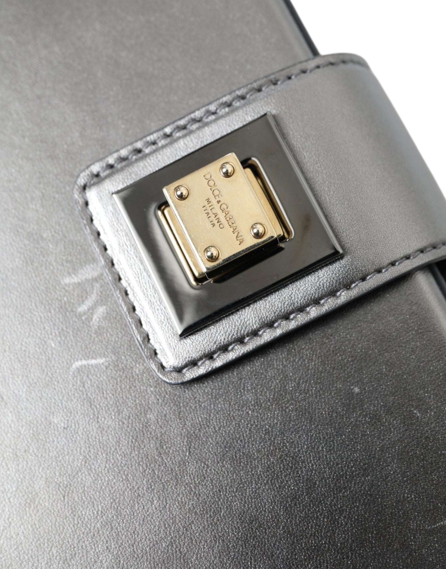 Steel Gray Leather Box Shape Shoulder Gold DG Logo Plaque Bag