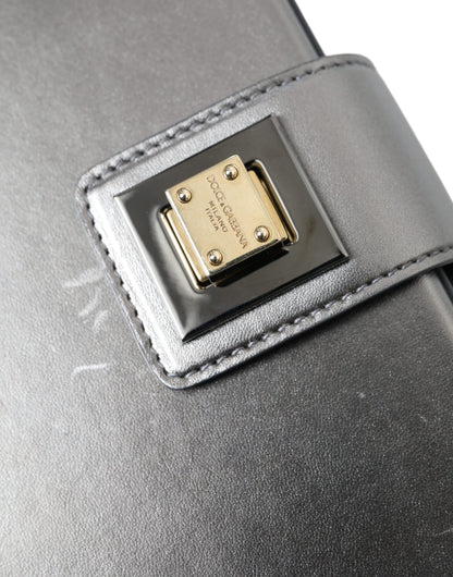 Steel Gray Leather Box Shape Shoulder Gold DG Logo Plaque Bag