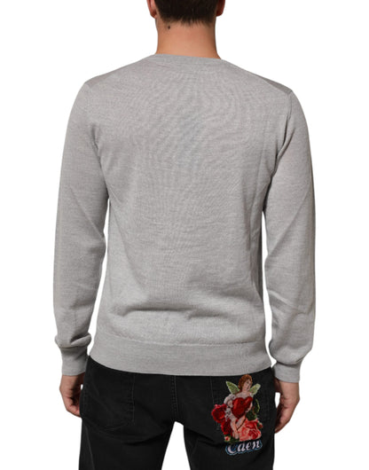 Gray Wool Knit Logo V-Neck Pullover Sweater