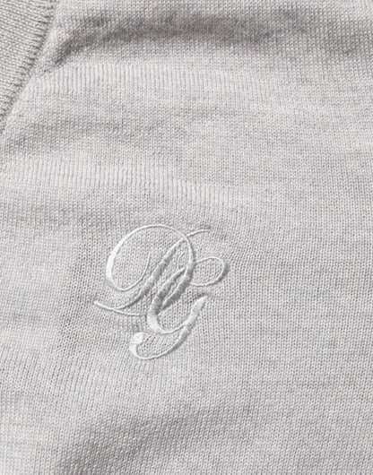 Gray Wool Knit Logo V-Neck Pullover Sweater