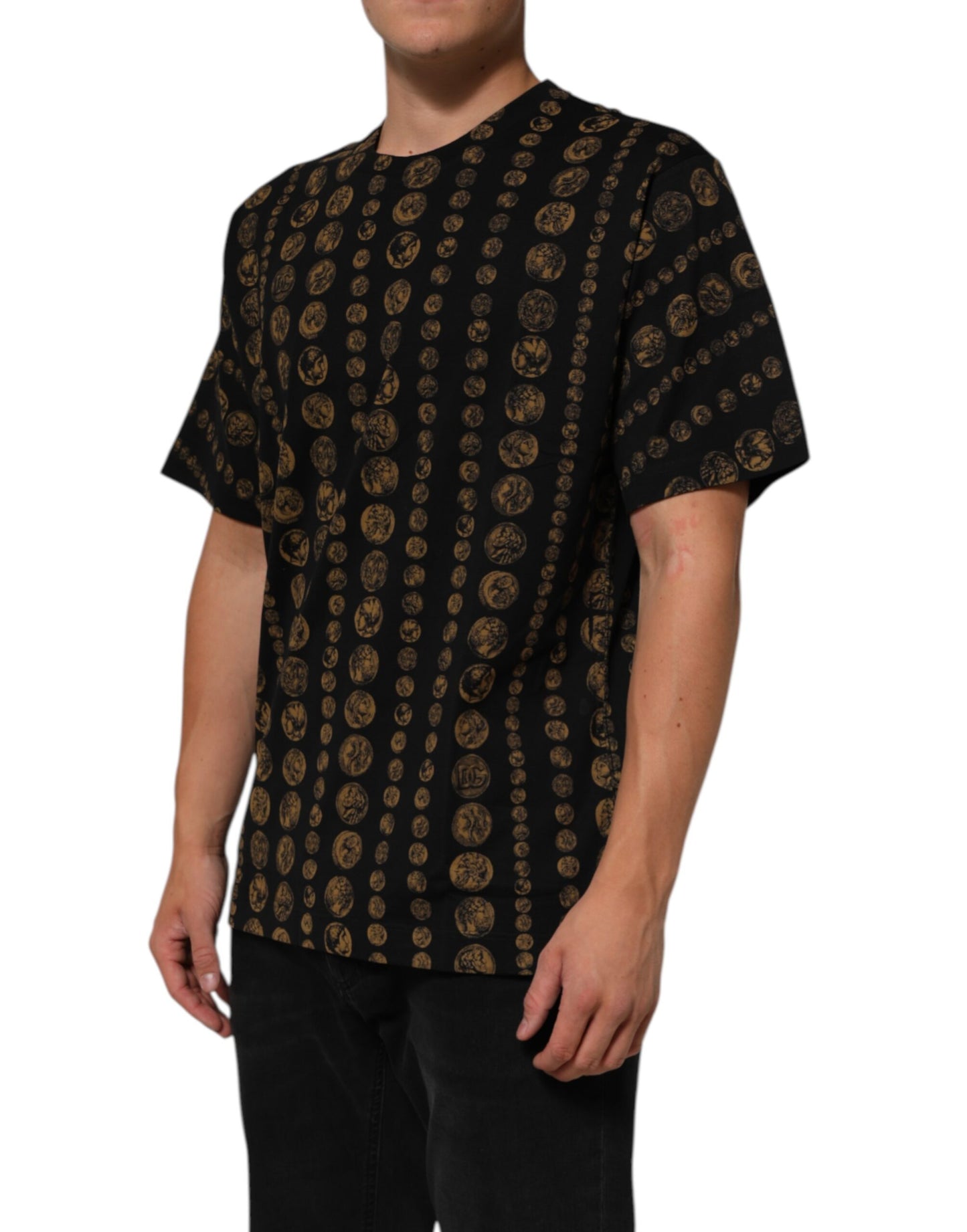 Black Cotton Coin Print Crew Neck T-shirt