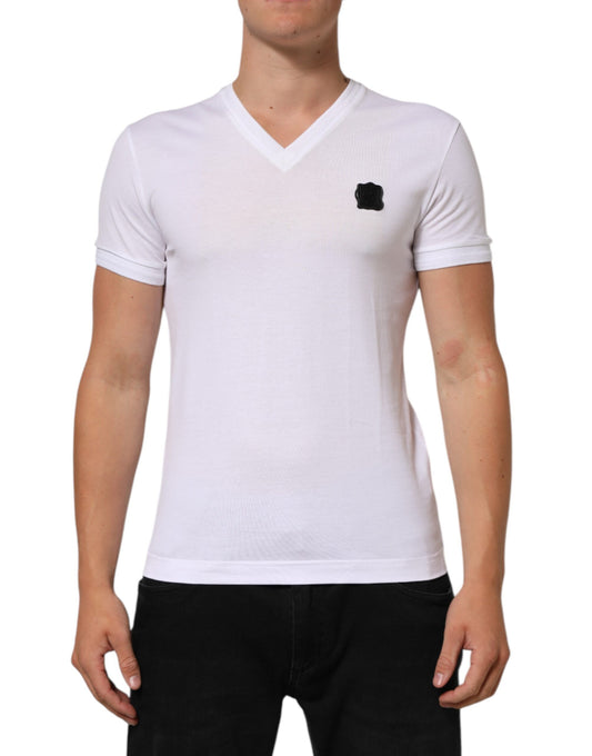 White Cotton Logo Patch V-neck Tee T-shirt