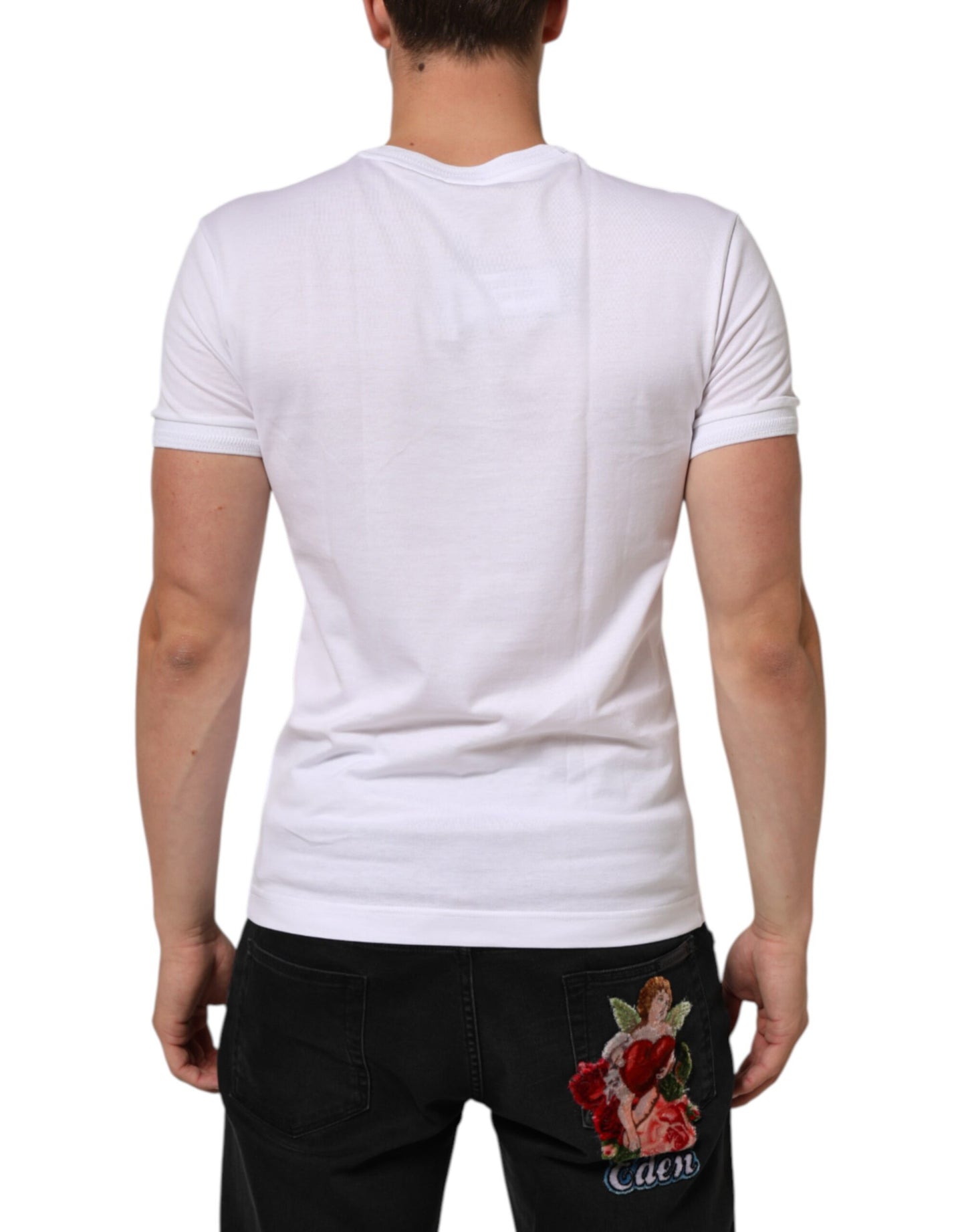 White Cotton Logo Patch V-neck Tee T-shirt