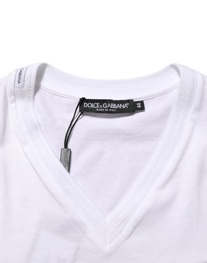 White Cotton Logo Patch V-neck Tee T-shirt