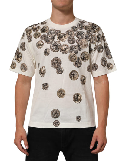 White Coin Print Cotton Crew Neck Men T-shirt