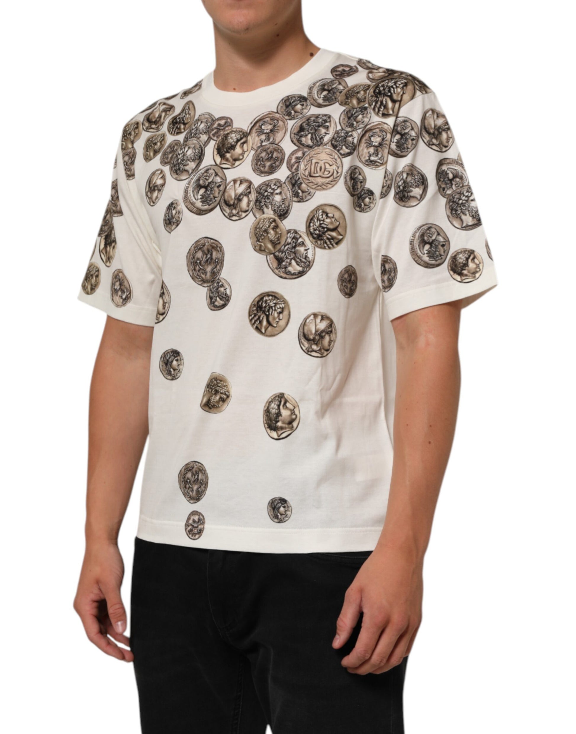 White Coin Print Cotton Crew Neck Men T-shirt