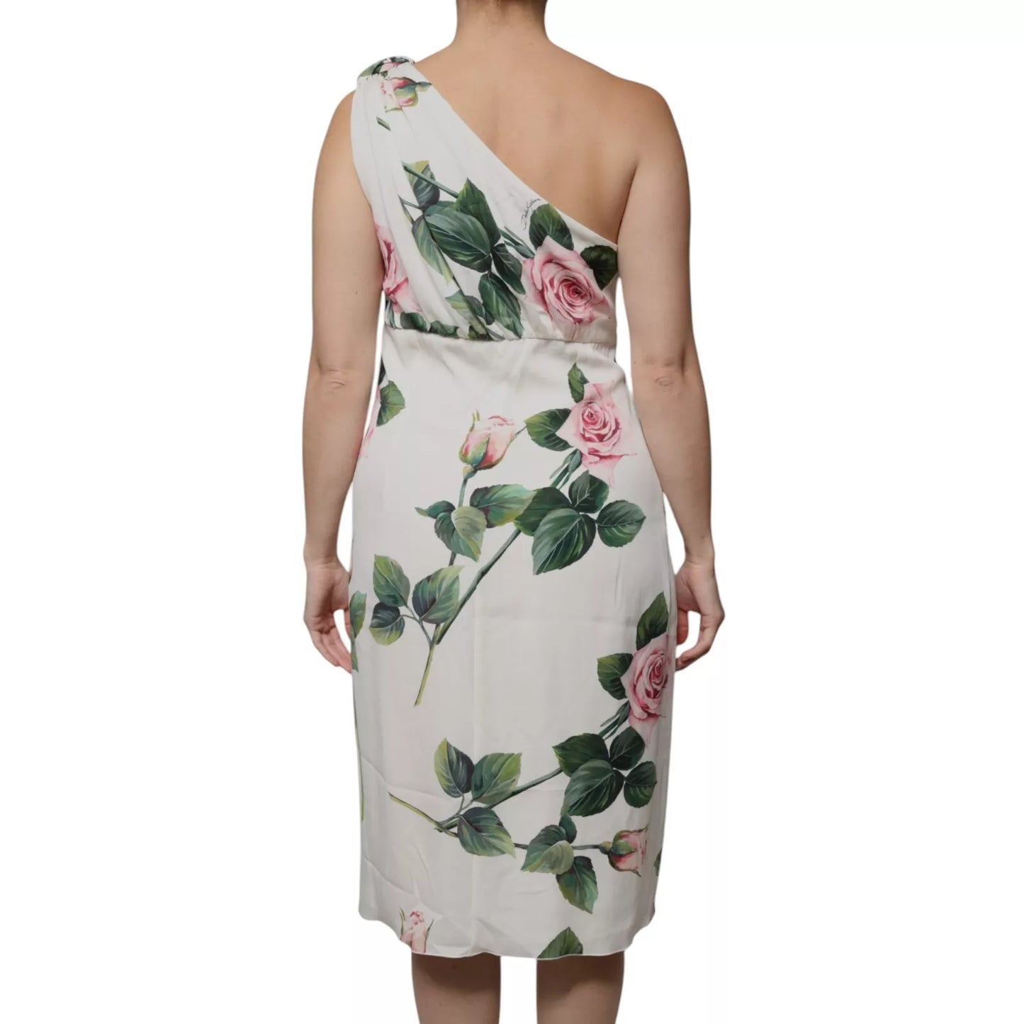 White Floral Silk One Shoulder Midi Dress
