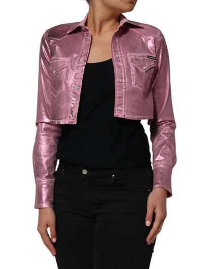 Pink Cotton Stretch Collared Cropped Jacket