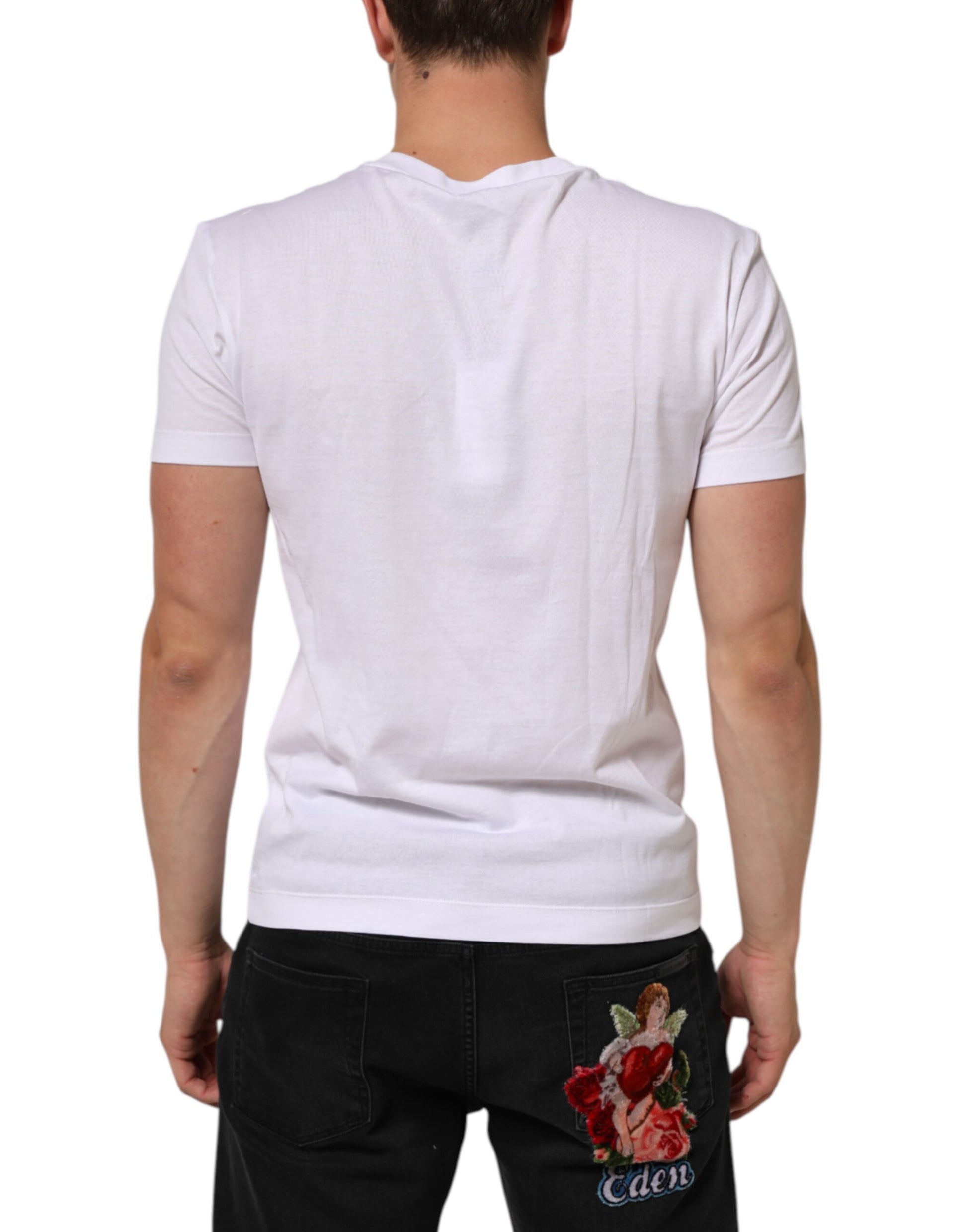 White Logo Print Cotton Men Crew Neck T-shirt