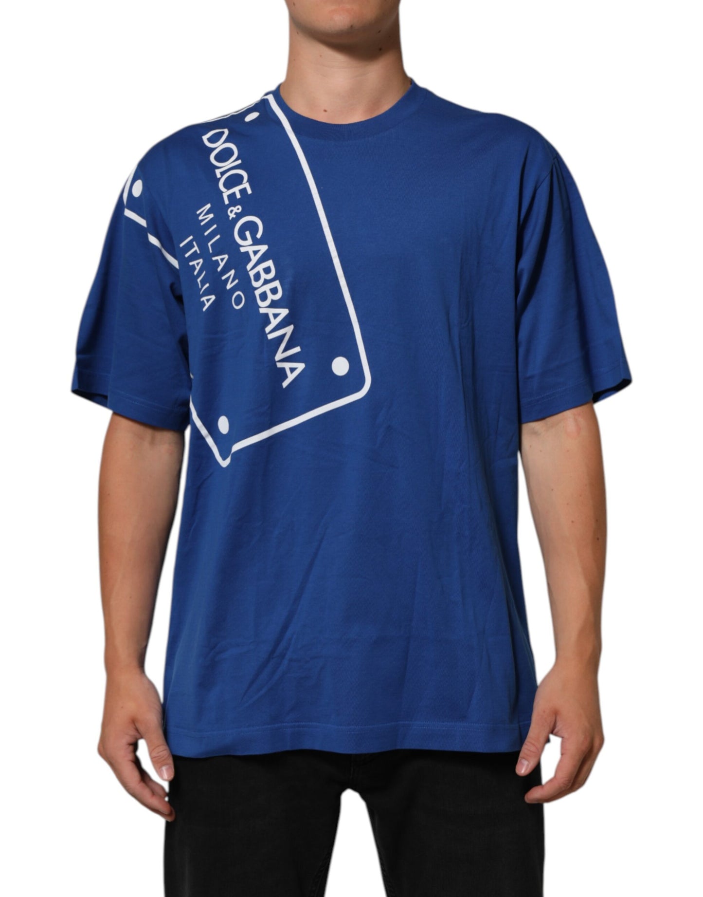 Blue Logo Print Cotton Crew Neck Men T-shirt