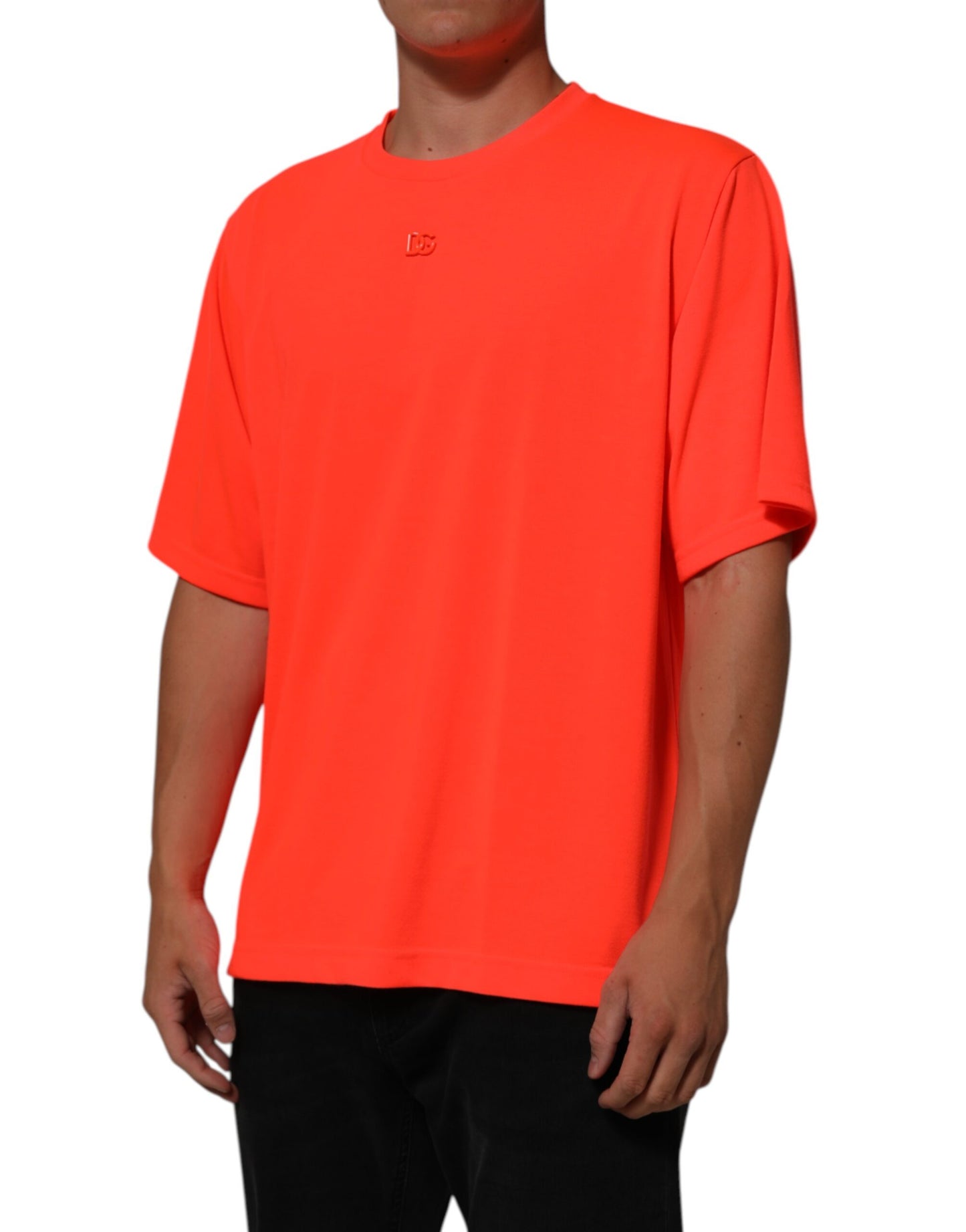 Neon Orange Polyester Men Crew Neck T-shirt