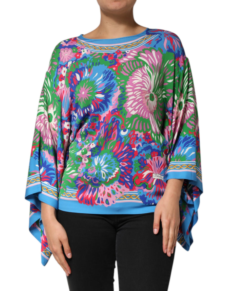 Multicolor Floral Print Silk Tunic Blouse Top