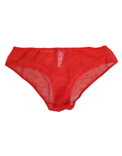 Red Nylon Sheer Mesh Lace Brief Panty Underwear