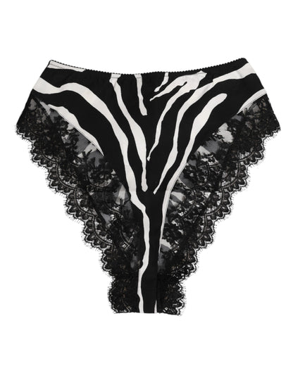 Black Silk Zebra Print Lace High Waist Underwear