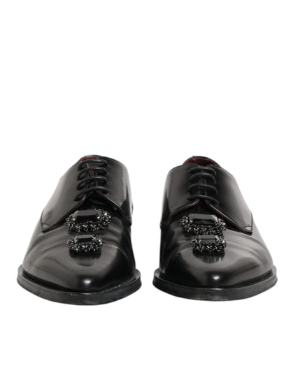 Black Leather Jeweled Crystals Derby Shoes