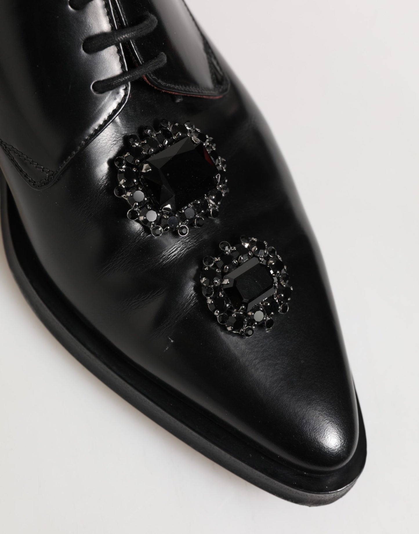 Black Leather Jeweled Crystals Derby Shoes