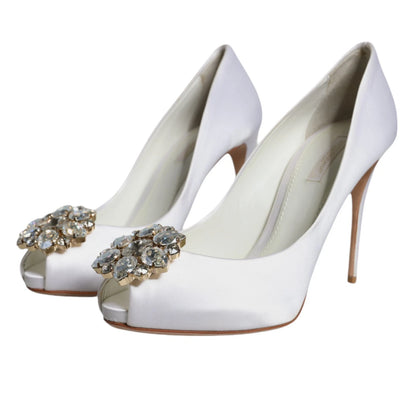 White Crystals Peep Toe Satin Pumps Shoes