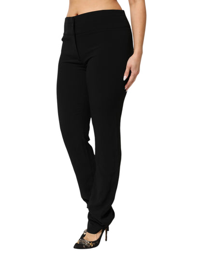 Black Viscose Acetate Blend Straight Leg High Waist Pants