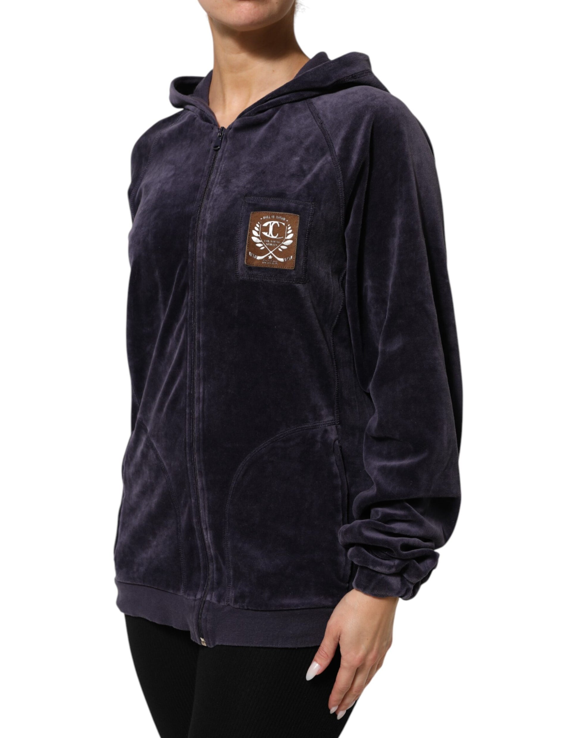 Purple Cotton Blend Velvet Zip-Up Hoodie Sweatshirt Sweater