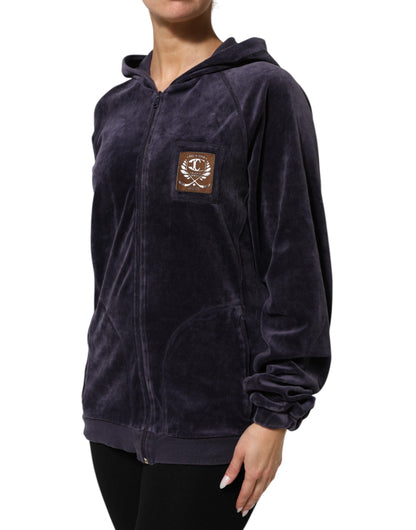 Purple Cotton Blend Velvet Zip-Up Hoodie Sweatshirt Sweater