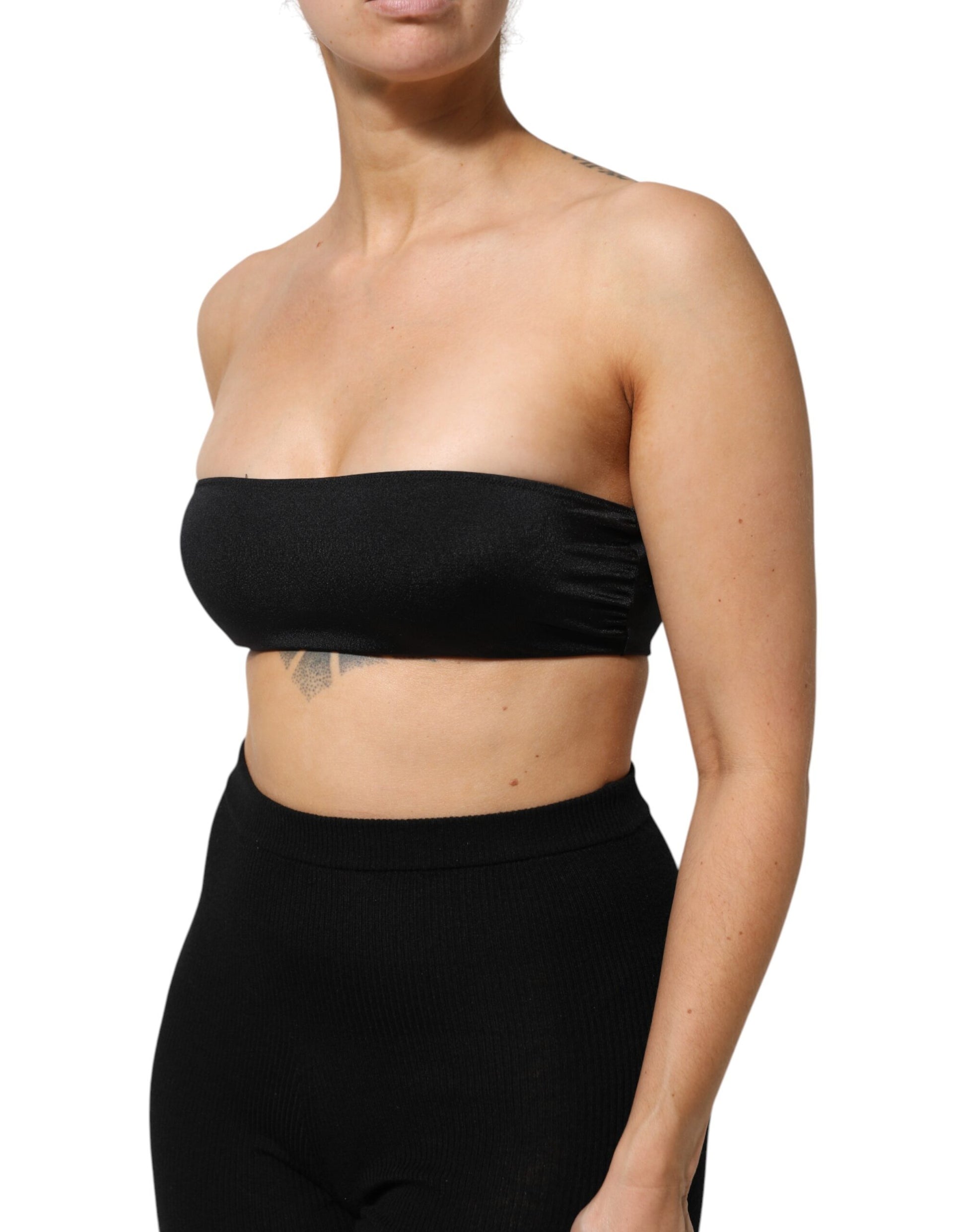 Black Nylon Blend Bandeau Strapless Tube  Top