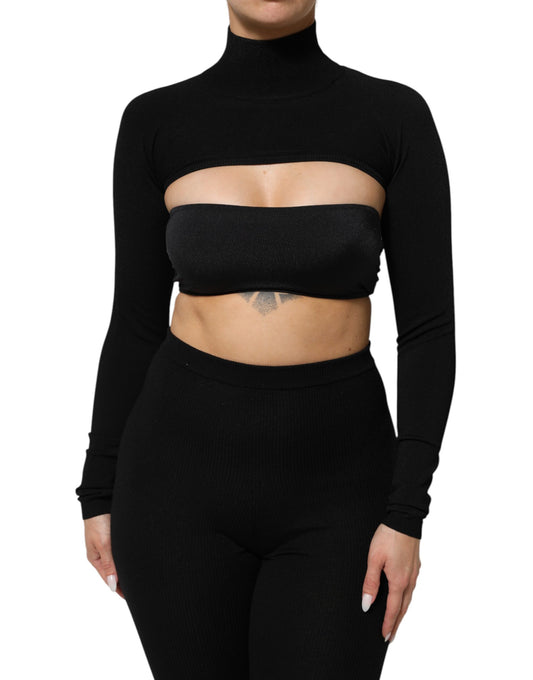 Black Viscose Turtle Neck Crop Pullover Top