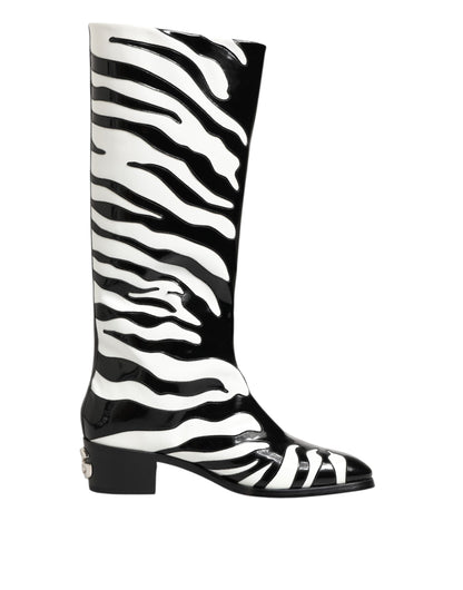 Black White Zebra Over The Calf Boots Shoes