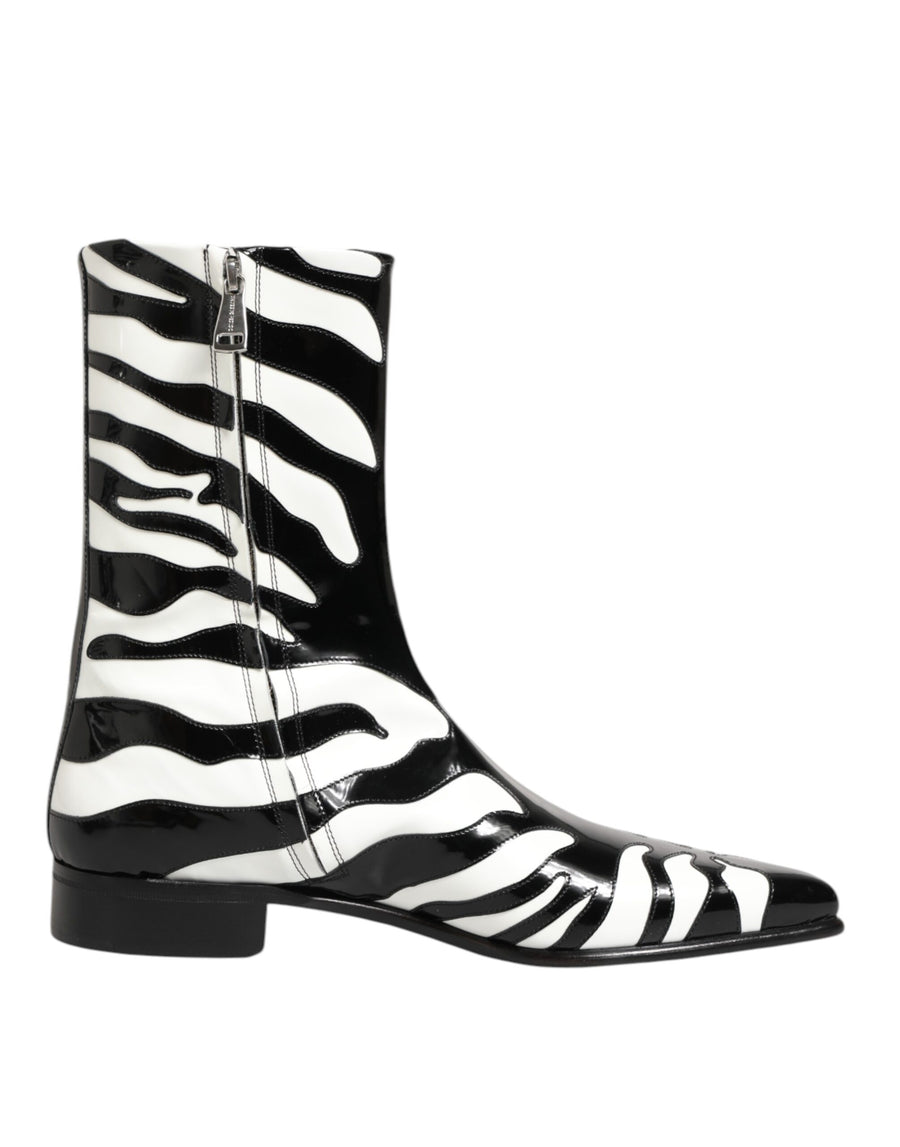 Black White Zebra Leather Mid Calf Boots Shoes