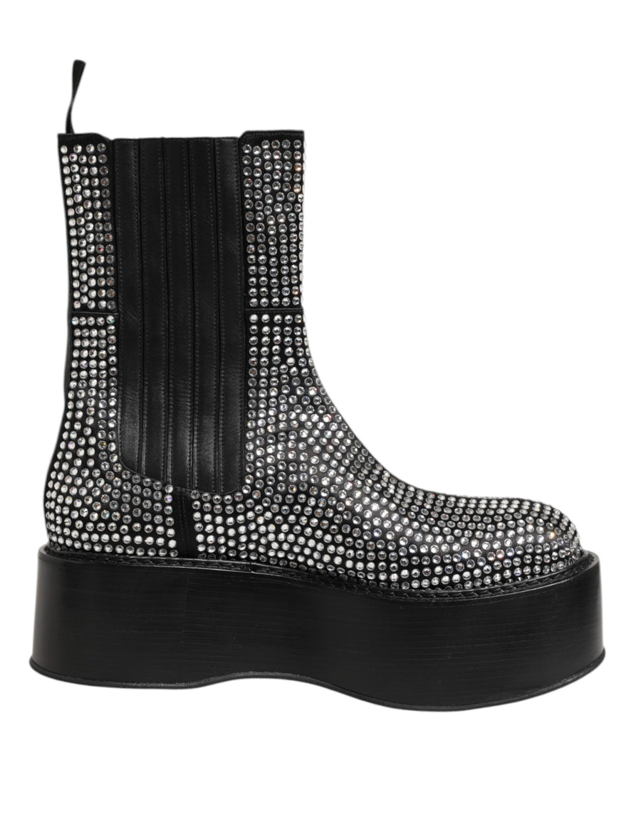 Black Crystal Strass Mid Calf Short Boots  Shoes