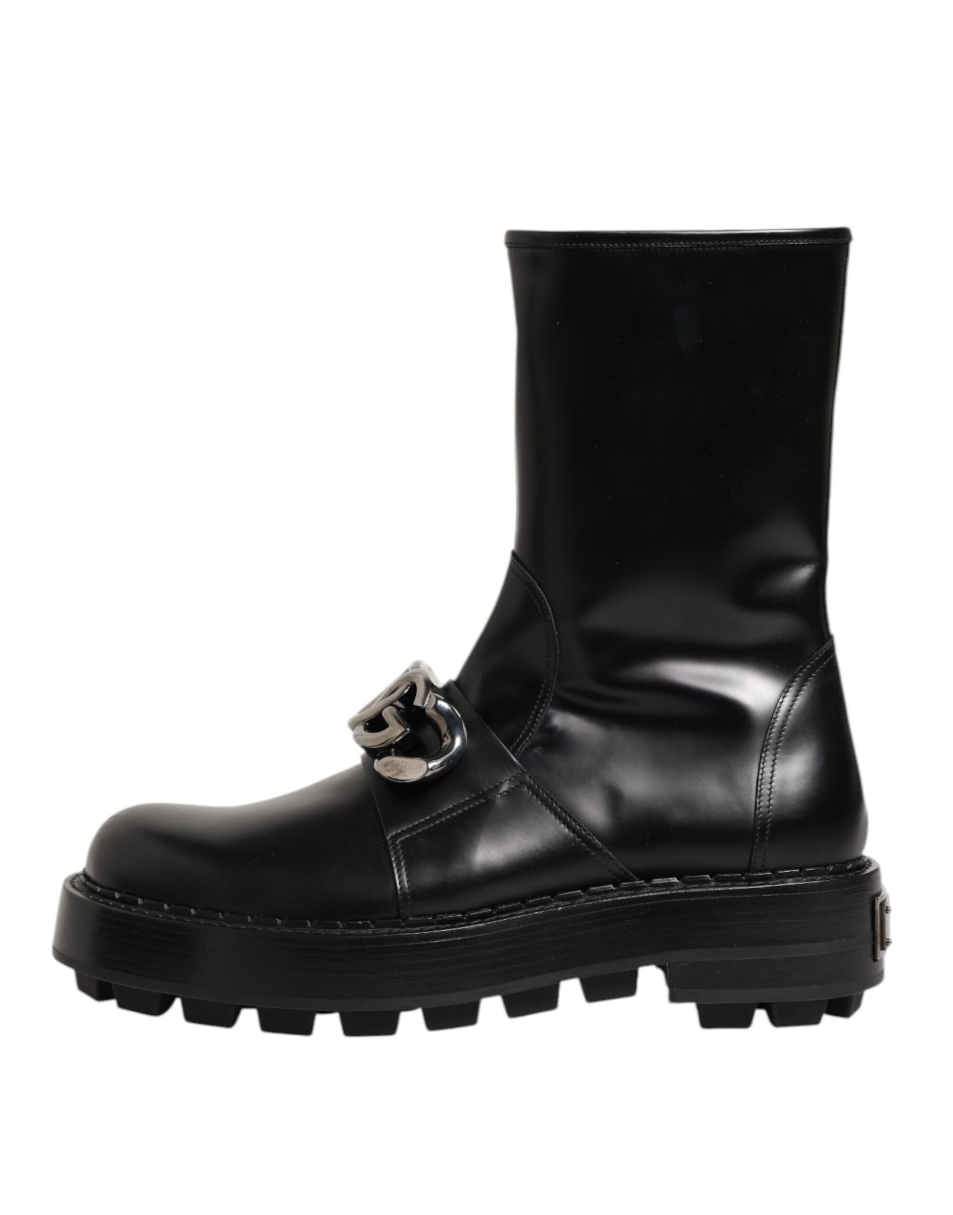 Black Logo Plaque Mid Calf Biker Boots Shoes