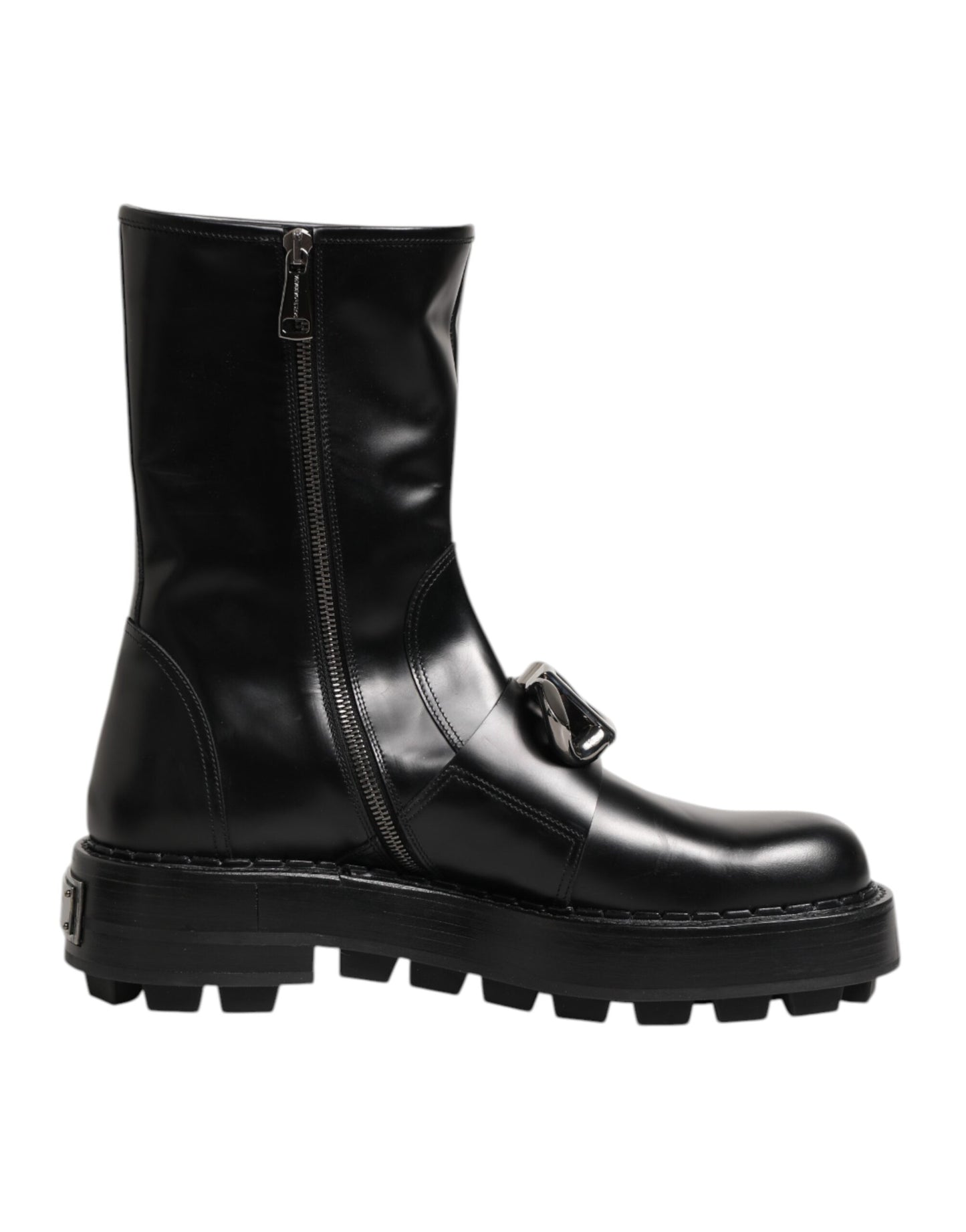 Black Logo Plaque Mid Calf Biker Boots Shoes